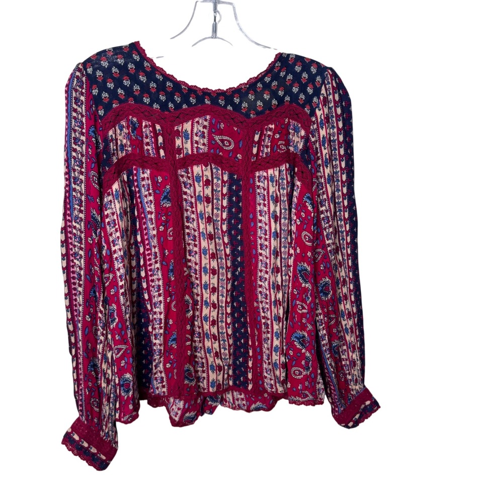 Maeve Anthropologie Red Navy Paisley Lace Trim Button‎ Back Blouse Size 4